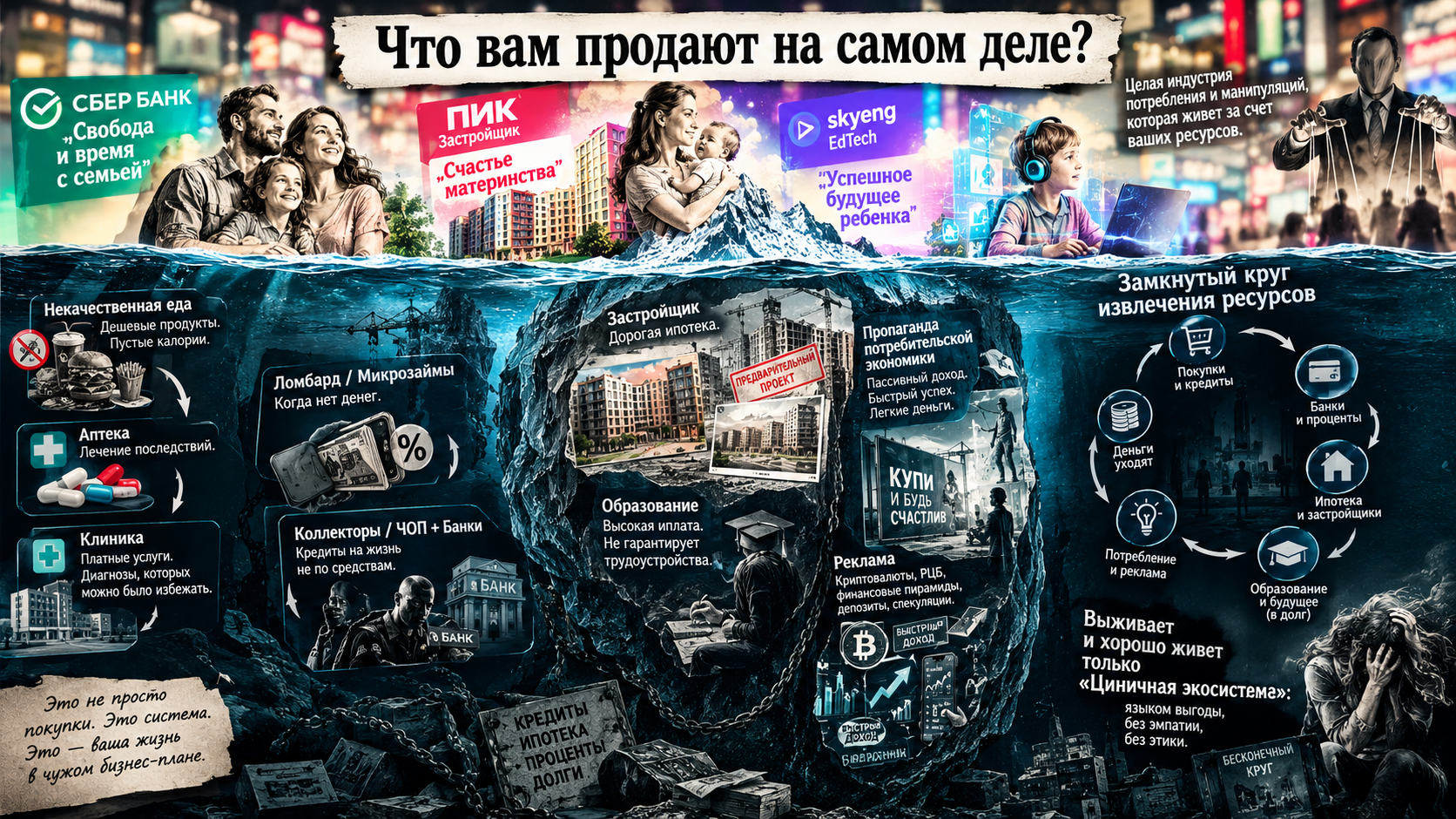 освободившуюся маржу (высокий трафик + наличные) заняли: аптеки (особенно при поликлиниках); клиники (ОМС + ДМС + платные услуги); ломбарды и МФО (после 2010 г. — под надзором ЦБ, но маржа 200–400 % годовых); «наливайки» и алкомаркеты. 1.3. 2010-е: «циничная экосистема» складывается Здесь ваша гипотеза становится особенно релевантной. Цепочка: еда (фастфуд/продукты низкого качества) → аптека (лечение последствий) → клиника (ОМС/ДМС) → ломбард/МФО (нехватка денег) → коллекторы/ЧОП (взыскание) Экономически это замкнутый контур извлечения ресурсов: Еда: низкая себестоимость, высокая маржа (особенно в сетях и «шаурмичных»), налоговая нагрузка — ЕНВД/патент (до 2021), фактически 3–6 % от оборота. Аптека: маржа 20–40 % на парафармацевтике, ОМС-льготные лекарства — отдельный поток. Налог — ЕНВД/патент/УСН. Клиника: ОМС (гарантированный поток от ФОМС), ДМС (от страховых), платные услуги. Налог — УСН/общий, но с оптимизацией. Ломбард/МФО: маржа 100–400 % годовых, надзор ЦБ с 2014 г., но реальная ставка часто выше из-за комиссий. Коллекторы/ЧОП: взыскание, охрана, «решение вопросов». Налог — УСН/патент, часто «серые» зарплаты.