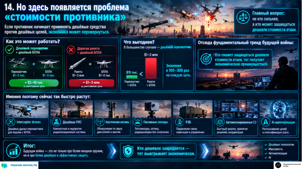 Учет фактора «стоимости противника» Если противник начинает применять дешёвые средства против дешёвых целей, экономика может перевернуться. Например: дешёвый перехватчик → дешёвый БПЛА может оказаться выгоднее, чем: дорогая ракета → дешёвый БПЛА. Отсюда фундаментальный тренд будущей войны: кто сможет защищаться дешевле стоимости атаки, тот получает экономическое преимущество. Именно поэтому сейчас так быстро растут: interceptor drones; дешёвые РЛС; акустические системы; пассивные сенсоры; РЭБ; автоматизированные C2; AI-идентификация.