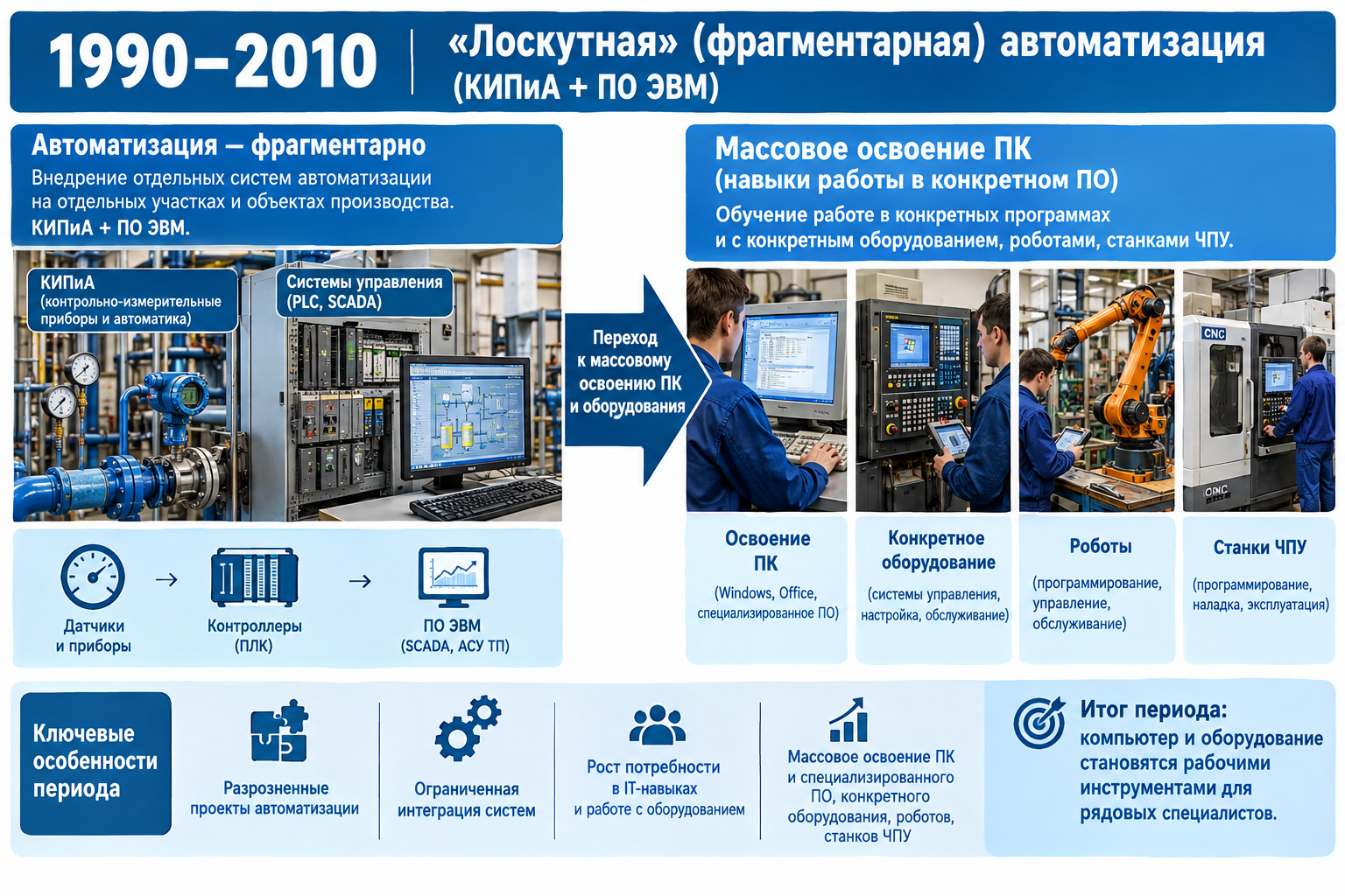 1990–2010 — лоскутная (фрагментарная) автоматизация (КИПиА + ПО ЭВМ) → массовое освоение ПК (навыки работы в кокретном ПО) конкретного оборудования, робота, станка ЧПУ