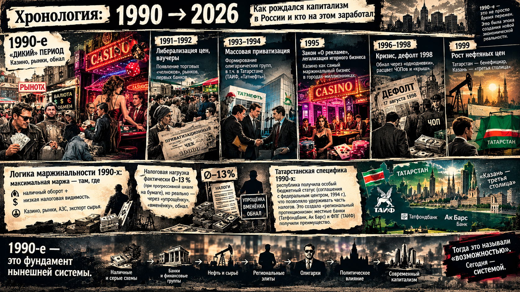 Хронология: 1990 → 2026. 1990-е: «дикий» период — казино, рынки, обнал Год Ключевое событие Бизнес-следствие 1991–1992 Либерализация цен, ваучеры Появление торговых «челноков», рынков, первых банков 1993–1994 Массовая приватизация Формирование олигархических групп, в т.ч. в Татарстане (ТАИФ, «Татнефть») 1995 Закон «О рекламе», легализация игорного бизнеса Казино как самый маржинальный бизнес в городах-миллионниках 1996–1998 Кризис, дефолт 1998 Обнал через «однодневки», расцвет ЧОПов и «крыш» 1999 Рост нефтяных цен Татарстан — бенефициар, Казань — «третья столица» Логика маржинальности 1990-х: максимальная маржа — там, где наличный оборот + низкая налоговая видимость. Казино, рынки, АЗС, экспорт сырья. Налоговая нагрузка фактически 0–13 % (при прогрессивной шкале на бумаге), но реально — через «упрощёнку», «вменёнку», обнал. Татарстанская специфика 1990-х: республика получила особый бюджетный статус (соглашения с федеральным центром 1994 г.), что позволяло удерживать часть налогов. Это создало «региональный протекционизм»: местные банки (Татфондбанк, Ак Барс) и ФПГ (ТАИФ) получили преимущество.