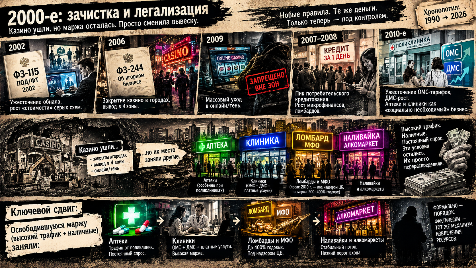 Хронология: 1990 → 2026. 2000-е: зачистка и легализация | **Год** | **Событие** | **Следствие** | | :-------- | :-------------------------------- | :-------------------------------------------------- | | 2002 | ФЗ-115 (ПОД/ФТ) | Ужесточение обнала, рост «стоимости» серых схем | | 2006 | ФЗ-244 об игорном бизнесе | Закрытие казино в городах, вывод в 4 зоны | | 2009 | Запрет игорного бизнеса вне зон | Массовый уход в онлайн/тень | | 2007–2008 | Пик потребительского кредитования | Рост микрофинансов, ломбардов | | 2010-е | Ужесточение ОМС-тарифов, ДМС-рост | Аптеки и клиники как «социально необходимый» бизнес | **Ключевой сдвиг:** казино ушли, но **освободившуюся маржу** (высокий трафик + наличные) заняли: - аптеки (особенно при поликлиниках); - клиники (ОМС + ДМС + платные услуги); - ломбарды и МФО (после 2010 г. — под надзором ЦБ, но маржа 200–400 % годовых); - «наливайки» и алкомаркеты.