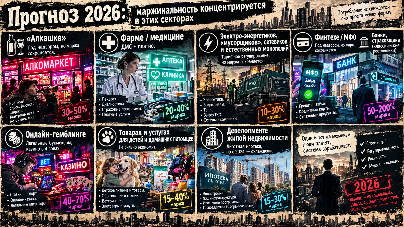 Прогноз 2026-2035: маржинальность концентрируется в: фарме/медицине (ОМС + ДМС + платно); финтехе/МФО (под надзором, но маржа сохраняется); онлайн-гемблинге (легальные букмекеры, казино в 4 зонах); девелопменте (льготная ипотека, но с 2024 — охлаждение). Маржу (высокий трафик + доступ к наличным) прочно заняли: аптеки (особенно при поликлиниках); клиники (ОМС + ДМС + платные услуги); ломбарды и МФО (после 2010 г. — под надзором ЦБ, но маржа 200–400 % годовых); «наливайки» и алкомаркеты. «Циничная экосистема» сложилась Цепочка: еда (фастфуд/продукты низкого качества) → аптека (лечение последствий) → клиника (ОМС/ДМС) → ломбард/МФО (нехватка денег) → коллекторы/ЧОП (взыскание) Это экономически это замкнутый контур извлечения ресурсов: Еда: низкая себестоимость, высокая маржа (особенно в сетях и «шаурмичных»), налоговая нагрузка — ЕНВД/патент (до 2021), фактически 3–6 % от оборота. Аптека: маржа 20–40 % на парафармацевтике, ОМС-льготные лекарства — отдельный поток. Налог — ЕНВД/патент/УСН. Клиника: ОМС (гарантированный поток от ФОМС), ДМС (от страховых), платные услуги. Налог — УСН/общий, но с оптимизацией. Ломбард/МФО/банк: маржа 100–400 % годовых, надзор ЦБ с 2014 г., но реальная ставка часто выше из-за комиссий. Коллекторы/ЧОП: взыскание, охрана, «решение вопросов». Налог — УСН/патент, часто «серые» зарплаты. вебкам деятельность и медиа-продакшн. маркетплейсы и платформы. ритейл розничные торговые сети продовольственные рынки под прикрытием диаспоры, торговля товарами СКФО и ЮФО, стран СНГ