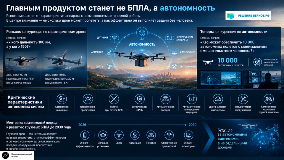 2. Главным продуктом станет не БПЛА, а автономность Конкуренция будет смещаться от: «У кого дальность 100 км, а у кого 150?» к: «Кто может обеспечить 10 000 автономных полетов с минимальным вмешательством человека?» Критическими характеристиками станут: автономная навигация; обнаружение препятствий; работа при потере GPS; устойчивость к РЭБ; автоматическая посадка; автоматическое планирование маршрута; дистанционная диагностика; предиктивное обслуживание; коллективное управление группой аппаратов. Минтранс уже описывает развитие грузовых БПЛА до 2030 года именно как комплексную задачу: энергоэффективность, силовые установки, связь, навигация, посадка, обнаружение препятствий и онлайн-мониторинг.