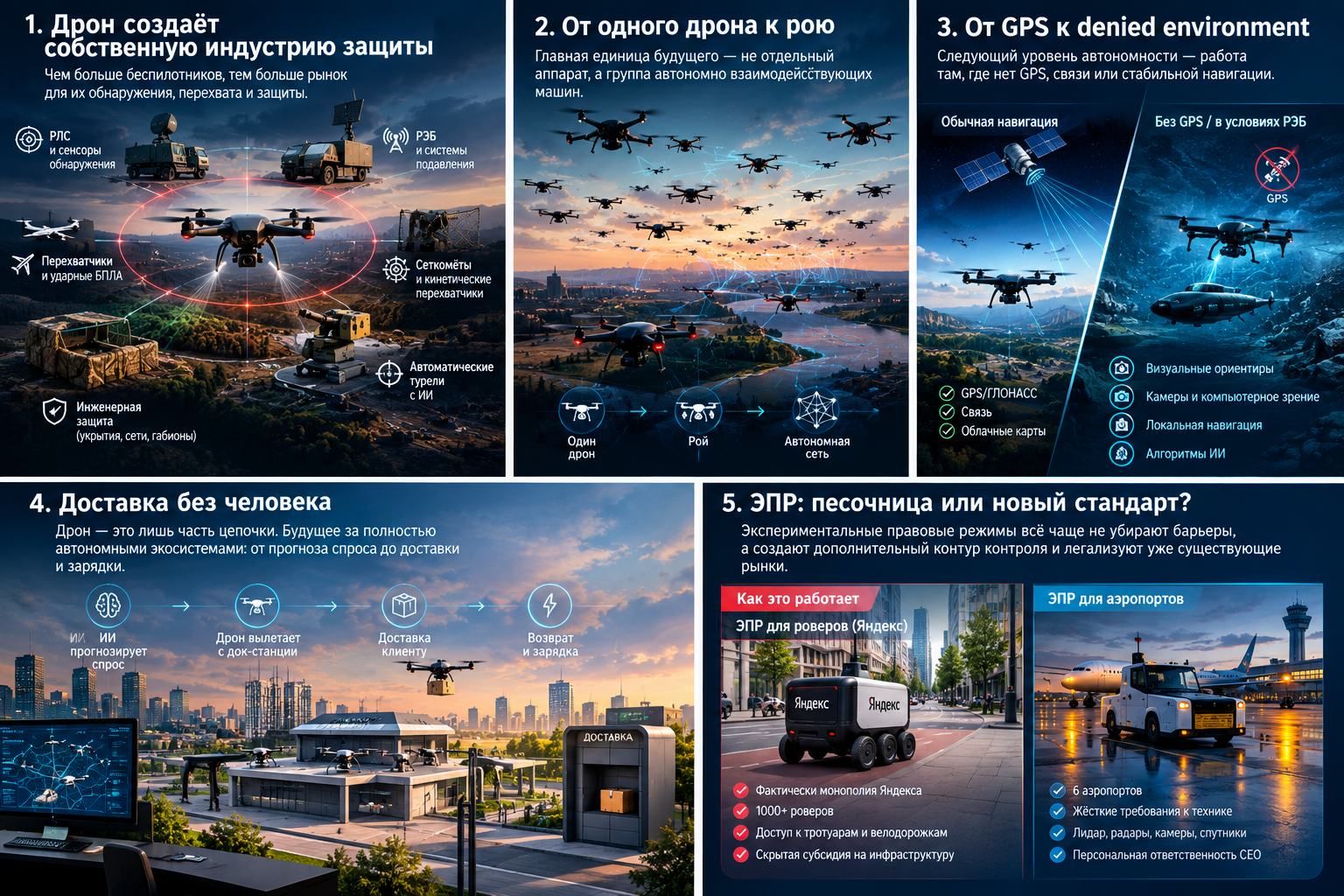Гражданская автономия → военная автономия Самая важная технология будущего может выглядеть как робот-доставщик Еще недавно беспилотник был машиной, которой человек должен был постоянно управлять. Сегодня эта модель быстро устаревает. Дрон учится сам выбирать маршрут. Робот — самостоятельно объезжать препятствия. Автомобиль — понимать дорожную ситуацию. Склад — распределять работу между десятками машин. А группа беспилотников — действовать как единая система. На первый взгляд это разные рынки: доставка, автомобили, склады, сельское хозяйство, дроны, оборонные технологии. На самом деле у них появляется общий фундамент. Компьютерное зрение, навигация, сенсоры, искусственный интеллект, планирование маршрутов, автономное управление, связь и координация групп машин. Именно поэтому граница между гражданской и военной робототехникой постепенно становится условной. Не потому, что каждый робот-доставщик завтра превратится в военный аппарат. А потому, что гражданская экономика сегодня массово производит технологии, на которых завтра может строиться военная автономия. Главная революция происходит не в железе Самое заметное в новой робототехнике — сами машины. Дроны, беспилотные автомобили, роботы-курьеры, автономные тракторы. Но это только верхний слой. Настоящая революция происходит в программном обеспечении. Автономная машина должна понимать, где она находится, видеть окружающий мир, распознавать объекты, строить маршрут, прогнозировать действия других участников движения и принимать решение, если реальность не совпадает с заранее заданным сценарием. Это уже не «дистанционно управляемая техника». Это система, которая получает задачу и самостоятельно ищет способ ее выполнить. Именно здесь возникает принципиальная перемена. Раньше человек управлял машиной. Теперь человек все чаще ставит задачу машине. Разница кажется небольшой, но именно она меняет экономику автономности. Гражданский рынок становится гигантским полигоном У военных технологий есть очевидное ограничение: их производство и эксплуатация