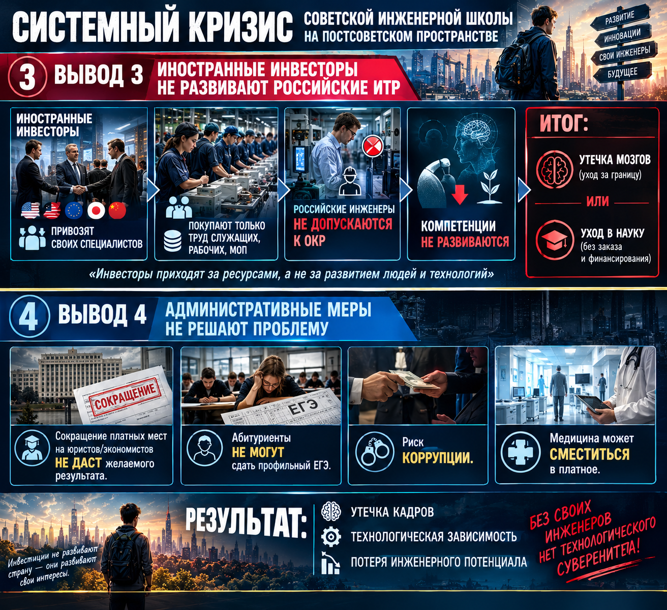 3. Иностранные инвесторы не развивают российские ИТР Привозят своих специалистов. Покупают только труд служащих, рабочих, МОП. Российские инженеры не допускаются к ОКР. Компетенции не развиваются. Итог: утечка мозгов или уход в науку (без заказа и финансирования). 4. Административные меры не решают проблему Сокращение платных мест на юристов/экономистов не даст желаемого результата. Абитуриенты не могут сдать профильный ЕГЭ. Риск коррупции. Медицина может сместиться в платное.