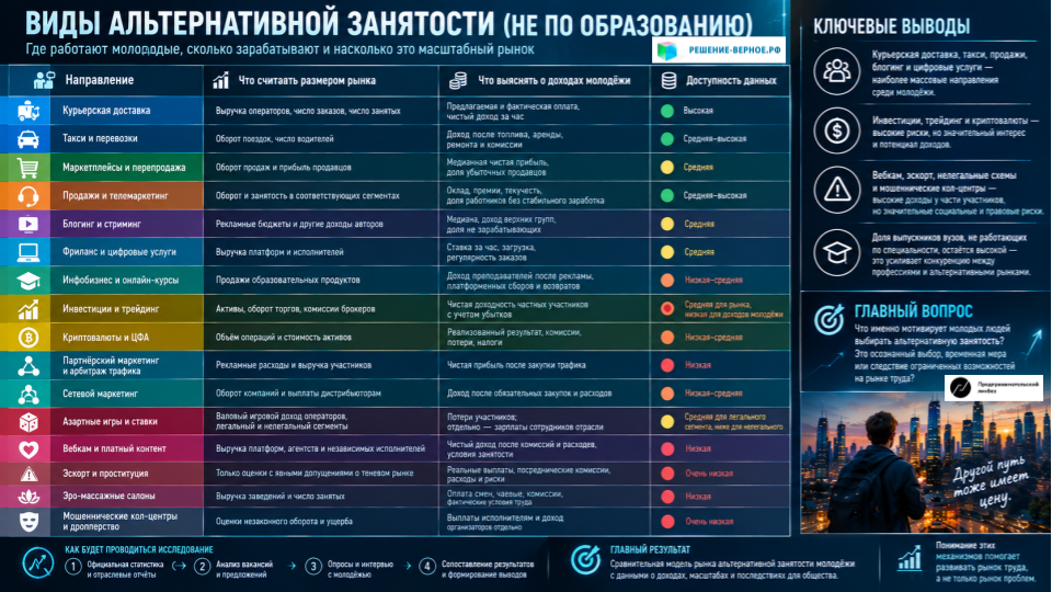 Для Направление Что можно измерить по открытым источникам Что пока нельзя надёжно установить о доходах молодых участников Доступность данных Курьерская доставка Предлагаемые зарплаты, число вакансий и откликов. За январь–ноябрь 2025 года — свыше 193 тыс. вакансий; медианная предлагаемая зарплата — 146 тыс. ₽ в месяц. hh.ru Медианный чистый доход за фактически отработанный час; долю выпускников вузов; число работающих полный день против временной подработки Относительно высокая по вакансиям; средняя или низкая по чистому доходу Такси и перевозки Количество поездок и отраслевой оборот. Оценка рынка такси за 2025 год — 1,092 трлн ₽; оценка числа поездок за 2024 год — 3,4 млрд. Коммерсантъ +1 Чистый доход молодого водителя после топлива, аренды, ремонта, амортизации и комиссии; долю выпускников Средняя по рынку; низкая–средняя по чистому заработку Маркетплейсы и перепродажа Общий оборот интернет-торговли — 11,5 трлн ₽ в 2025 году. АКИТ Медианную прибыль частного продавца после закупок, рекламы, логистики, комиссий, возвратов и налогов; долю убыточных продавцов Средняя по рынку; низкая–средняя по чистой прибыли продавцов Продажи и телемаркетинг Вакансии, зарплатные предложения, отраслевые данные по торговле и кол-центрам Долю молодых работников, чей доход существенно зависит от бонусов; текучесть; долю обманных или агрессивных продаж Средняя–высокая по вакансиям; ниже по качеству работы и устойчивости дохода Блогинг и стриминг Рекламный рынок блогеров — 69,2 млрд ₽ в 2025 году, по оценке АКАР. АКАР Медианный доход молодого автора; долю авторов без дохода; чистую прибыль после производства контента и продвижения Средняя по рекламному рынку; низкая–средняя по доходам отдельных авторов Фриланс и цифровые услуги Рынок отдельных цифровых и маркетинговых услуг, за исключением возможности выделить только фрилансеров. «Рейтинг Рунета» оценил выбранные категории услуг в 464,1 млрд ₽ за 2025 год. Рейтинг Рунета Число молодых фрилансеров, фактическую загрузку, ставку с учётом времени на поиск клиентов, долю исполнител