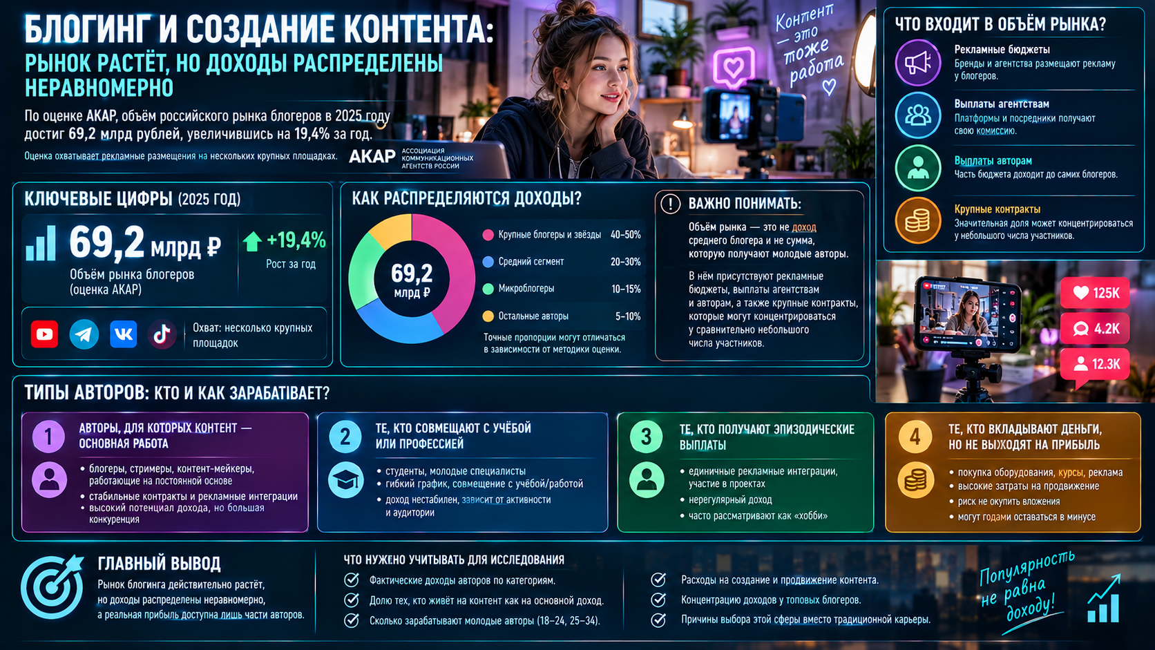 Блогинг и создание контента: рынок растёт, но доходы распределены неравномерно По оценке АКАР, объём российского рынка блогеров в 2025 году достиг 69,2 млрд рублей, увеличившись на 19,4% за год. Оценка охватывает рекламные размещения на нескольких крупных площадках. Однако объём рынка — это не доход среднего блогера и не сумма, которую получают молодые авторы. В нём присутствуют рекламные бюджеты, выплаты агентствам и авторам, а также крупные контракты, которые могут концентрироваться у сравнительно небольшого числа участников. Для исследования нужно разделить: авторов, для которых контент — основная работа; тех, кто совмещает его с учёбой или профессией; тех, кто получает эпизодические выплаты; авторов, которые вкладывают деньги, но не выходят на прибыль.