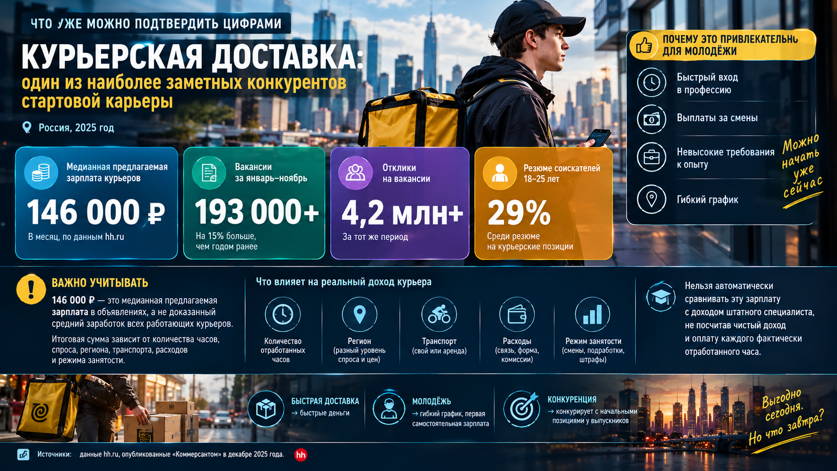 Курьерская доставка: один из наиболее заметных конкурентов стартовой карьеры Россия, 2025 год Медианная предлагаемая зарплата курьеров 146 000 ₽ В месяц, по данным hh.ru Вакансии за январь–ноябрь 193 000+ На 15% больше, чем годом ранее Отклики на вакансии 4,2 млн+ За тот же период Резюме соискателей 18–25 лет 29% Среди резюме на курьерские позиции Источник: данные hh.ru, опубликованные «Коммерсантом» в декабре 2025 года. hh.ru Эти цифры показывают, почему доставка может конкурировать с работой выпускника на начальной позиции. Но 146 тысяч рублей — это медианная предлагаемая зарплата в объявлениях, а не доказанный средний заработок всех работающих курьеров. Итоговая сумма зависит от количества часов, спроса, региона, транспорта, расходов и режима занятости. Нельзя автоматически сравнивать её с зарплатой штатного специалиста, не посчитав чистый доход и оплату каждого фактически отработанного часа.
