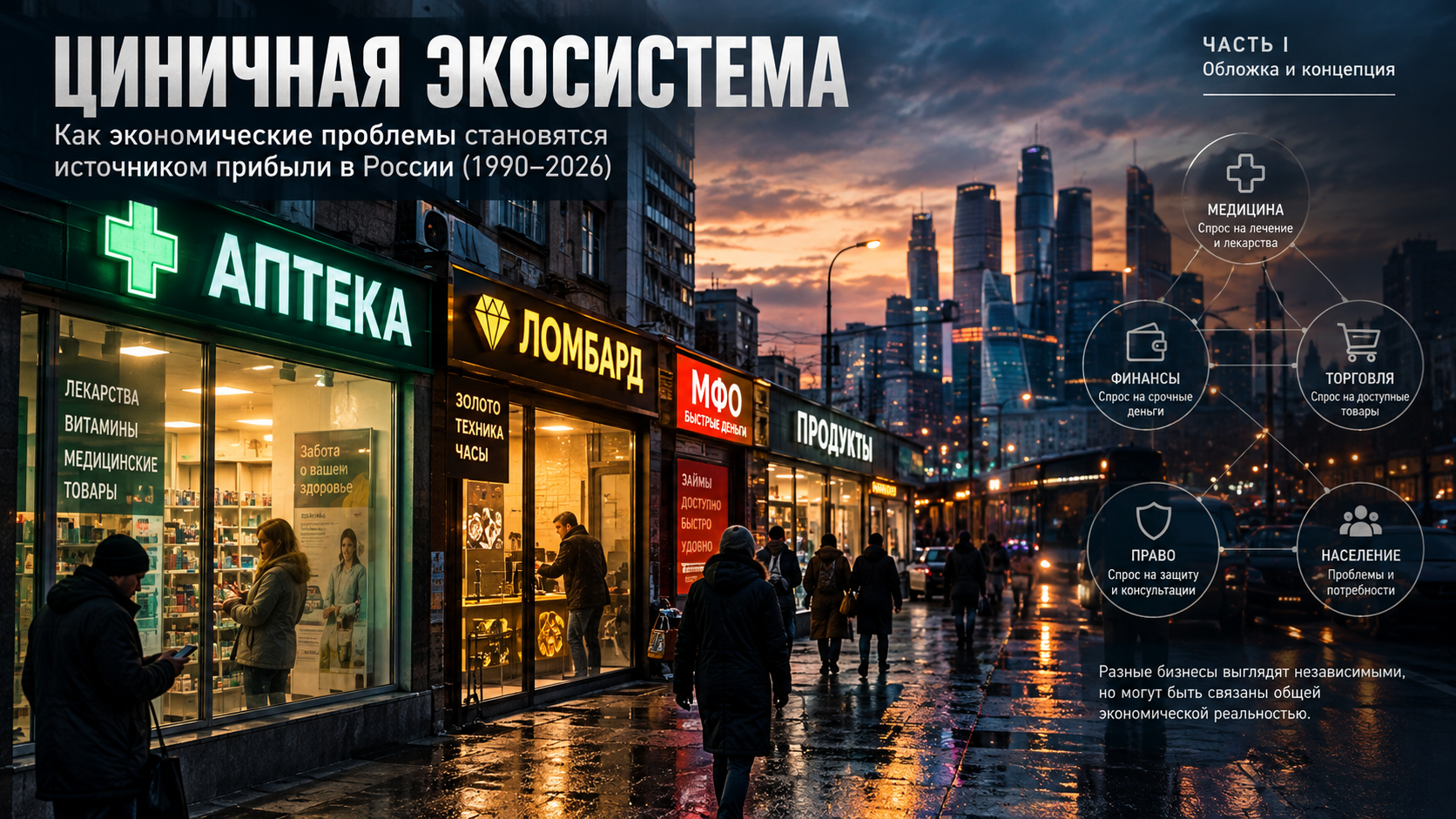 Экономика существует не только для того, чтобы производить товары, создавать рабочие места и удовлетворять потребности людей.   Она также формирует рынки вокруг проблем, с которыми сталкиваются люди:      болезни,     нехватки денег,     долгов,     отсутствия стабильной работы,     правовой незащищённости и     невозможности быстро изменить собственное положение.  Болезнь создаёт спрос на лекарства и медицинские услуги. Нехватка денег до зарплаты — на кредитование и займы под залог имущества. Просроченный долг — на взыскание задолженности. Сложные правила и конфликты — на юридические и консультационные услуги. Чем острее проблема, тем выше порой готовность человека платить за её решение.  Сам по себе этот механизм не является ни незаконным, ни аморальным. Аптеки, медицинские учреждения, ломбарды, банки, микрофинансовые организации и юридические компании могут оказывать обществу необходимые услуги. Проблема возникает в другой точке: когда устойчивость бизнеса начинает зависеть не столько от устранения исходной проблемы, сколько от её постоянного воспроизводства.  Именно здесь появляется центральный вопрос исследования:      может ли возникнуть экономическая система, в которой социальные трудности населения становятся не просто обстоятельством работы отдельных отраслей, а устойчивым источником доходов целой группы взаимосвязанных рынков?  В этой статье такая система рассматривается как рабочая аналитическая модель — «циничная экосистема».  Это не утверждение о существовании единого заговора или согласованного плана компаний.  Речь о возможном структурном противоречии:      общество заинтересовано в сокращении бедности, долгов и болезней,     тогда как отдельные участники рынка могут получать доход от спроса, который эти проблемы порождают.  Чтобы проверить эту гипотезу, необходимо рассмотреть историю российского рынка с 1990-х годов, способы извлечения прибыли, роль государства и регулирования, а также повседневные последствия для населения.