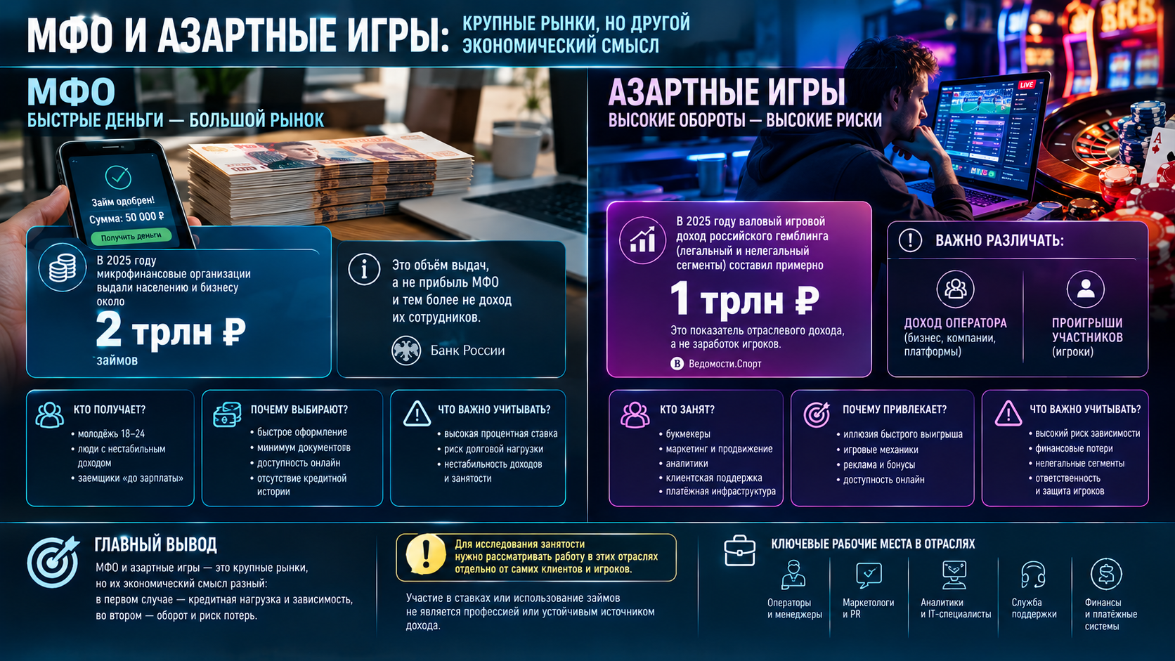 МФО и азартные игры: крупные рынки, но другой экономический смысл Банк России сообщает, что в 2025 году микрофинансовые организации выдали населению и бизнесу около 2 трлн рублей займов. Это объём выдач, а не прибыль МФО и тем более не доход их сотрудников. В сфере азартных игр важно отличать доход оператора от проигрышей участников. Например, публикация «Ведомостей» в апреле 2026 года оценивала валовый игровой доход российского гемблинга, включая легальный и нелегальный сегменты, примерно в 1 трлн рублей за 2025 год. Это показатель отраслевого дохода, а не заработок игроков. Для исследования занятости нужно рассматривать работу букмекеров, маркетинга, аналитики, клиентской поддержки и платёжной инфраструктуры отдельно от самих игроков. Участие в ставках нельзя приравнивать к профессии или устойчивому источнику заработка.
