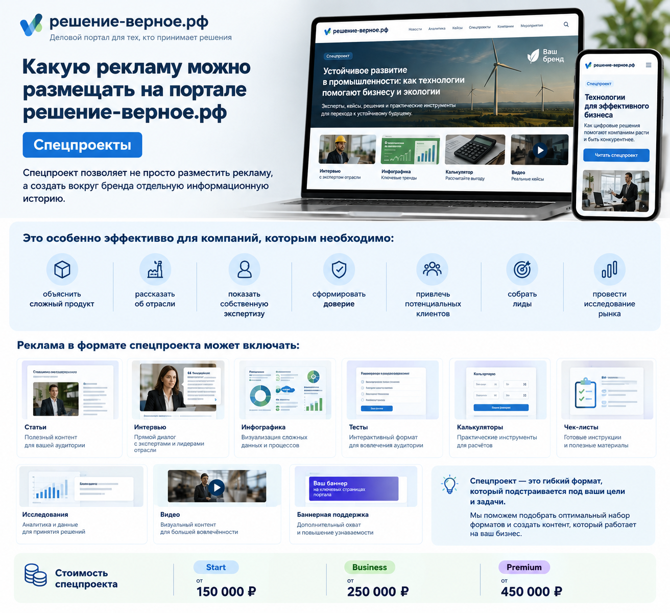 Спецпроекты Спецпроект позволяет не просто разместить рекламу, а создать вокруг бренда отдельную информационную историю. Это особенно эффективно для компаний, которым необходимо: — объяснить сложный продукт; — рассказать об отрасли; — показать собственную экспертизу; — сформировать доверие; — привлечь потенциальных клиентов; — собрать лиды; — провести исследование рынка. Стоимость спецпроекта Start — от 150 000 ₽ Business — от 250 000 ₽ Premium — от 450 000 ₽ В зависимости от задачи спецпроект может включать статьи, интервью, инфографику, тесты, калькуляторы, чек-листы, исследования, видео, баннерную поддержку и другие интерактивные форматы.