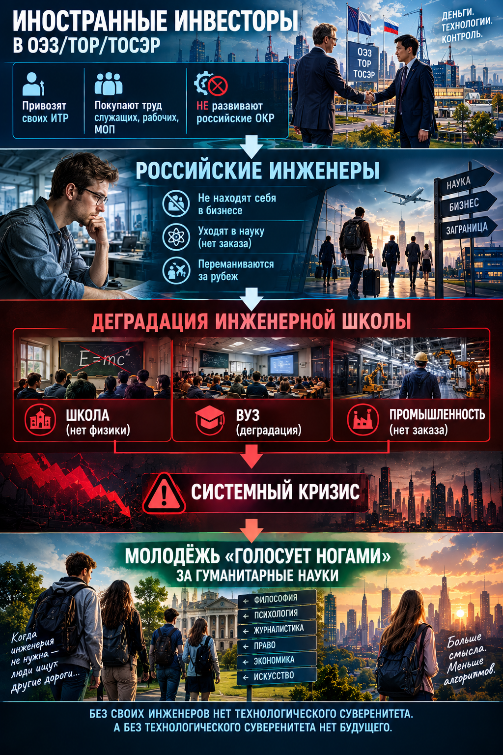 ИНОСТРАННЫЕ ИНВЕСТОРЫ В ОЭЗ/ТОР/ТОСЭР         │         ├── Привозят своих ИТР         ├── Покупают труд служащих, рабочих, МОП         └── НЕ развивают российские ОКР                 │                 ▼         РОССИЙСКИЕ ИНЖЕНЕРЫ                 │                 ├── Не находят себя в бизнесе                 ├── Уходят в науку (нет заказа)                 └── Переманиваются за рубеж                         │                         ▼                 ДЕГРАДАЦИЯ ИНЖЕНЕРНОЙ ШКОЛЫ                         │         ┌───────────────┼───────────────┐         ▼               ▼               ▼     ШКОЛА           ВУЗ           ПРОМЫШЛЕННОСТЬ     (нет физики)   (деградация)   (нет заказа)         │               │               │         └───────────────┼───────────────┘                         ▼                 СИСТЕМНЫЙ КРИЗИС                         │                         ▼         МОЛОДЁЖЬ «ГОЛОСУЕТ НОГАМИ»         ЗА ГУМАНИТАРНЫЕ НАУКИ