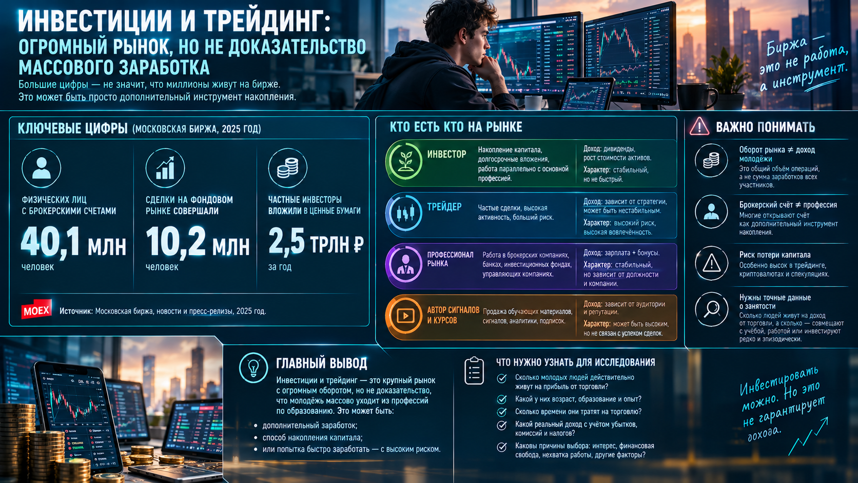 Инвестиции и трейдинг: огромный рынок, но не доказательство массового заработка По данным Московской биржи, в 2025 году число физических лиц с брокерскими счетами достигло 40,1 млн, а сделки на фондовом рынке совершали 10,2 млн человек. Частные инвесторы вложили в ценные бумаги 2,5 трлн рублей за год. Новости и пресс-релизы Это говорит о масштабном участии населения в фондовом рынке. Но есть принципиальное различие: Инвестор может накапливать капитал годами, параллельно работая в своей профессии. Трейдер пытается получать доход за счёт частых сделок и принимает более высокий риск. Профессиональный участник рынка зарабатывает наёмной работой в финансовой организации. Автор торговых сигналов или курсов может зарабатывать на продаже информации, а не на успешности собственных сделок Поэтому весь оборот фондового рынка нельзя считать доходом молодых людей. Для оценки занятости необходимо выяснить, сколько людей действительно живут на прибыль от торговли, а сколько имеют брокерский счёт как дополнительный инструмент накопления.